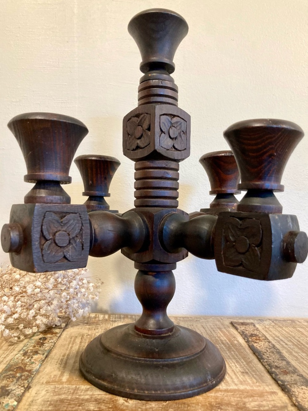 Spanish Revival Gothic Wood Candelabra 5 Candle 13” Rustic Decor